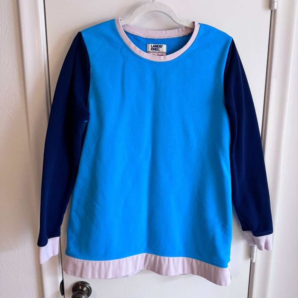 Womens Lands End Serious Sweats Blue/White Colorblock Sweatshirt Size M VGUC